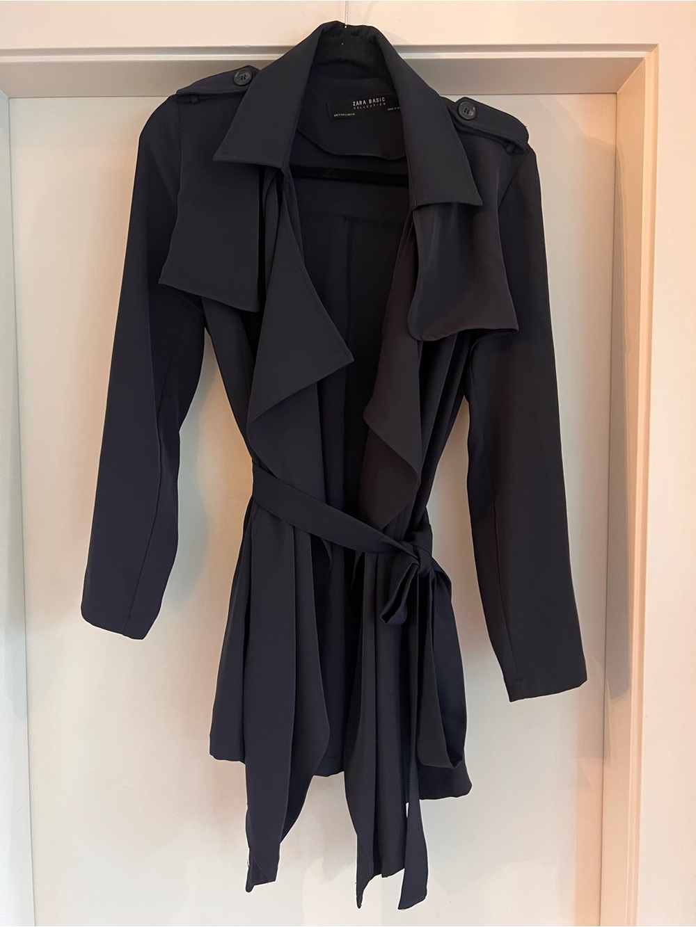 Zara Dark Navy Waterfall Trench Coat with Self-Tie Belt